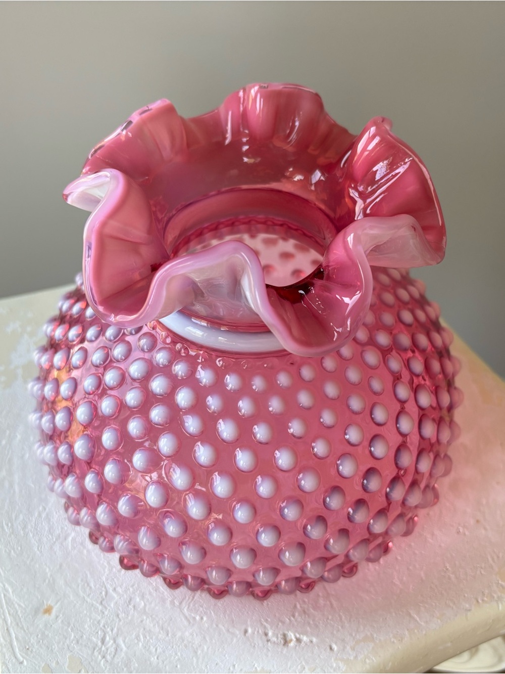 Fenton Opalescent Cranberry Hobnail Ruffled Lamp Shade